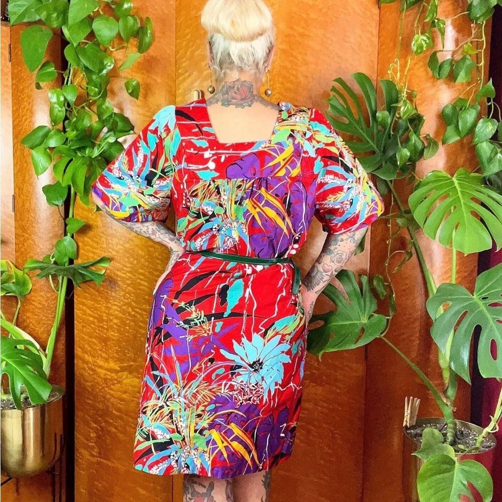SEARS ROEBUCK 60’s 60s Vintage 70s DEADSTOCK Polished Cotton Hawaiian Dress L XL - Picture 9 of 9